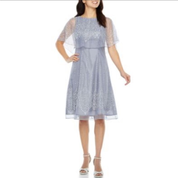 J. Taylor Elegant Blue Dress with Sheer Overlay color Chambray Muse size 16 NWT - Picture 1 of 14